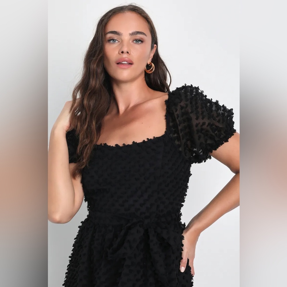 Dramatically Chic Black Clip Dot Puff Sleeve Midi… - image 5